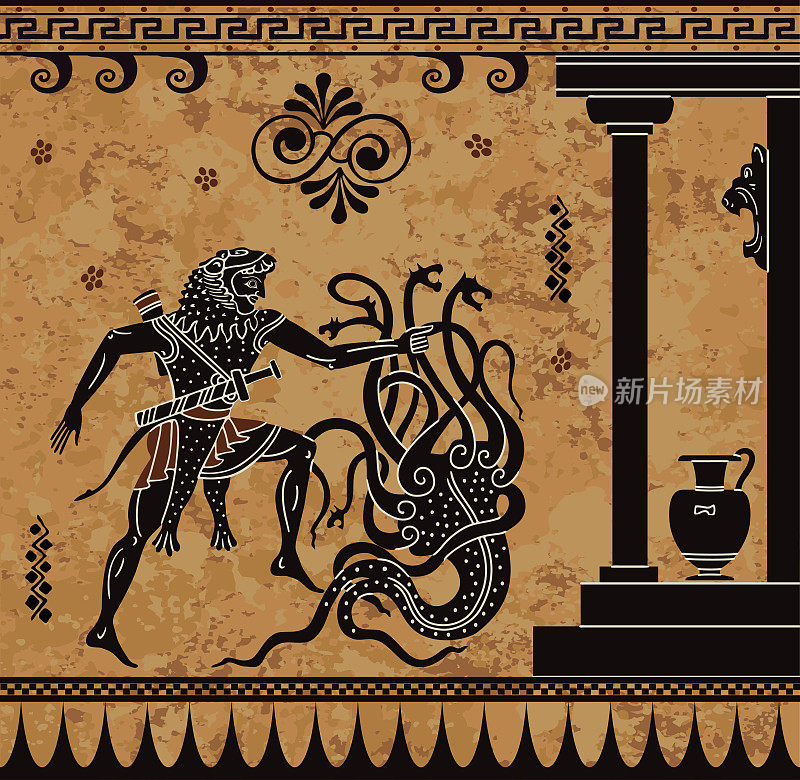 Ancient myth sceen,Black figure pottery,Hercules heroic deed,Ancient warrior and monster,